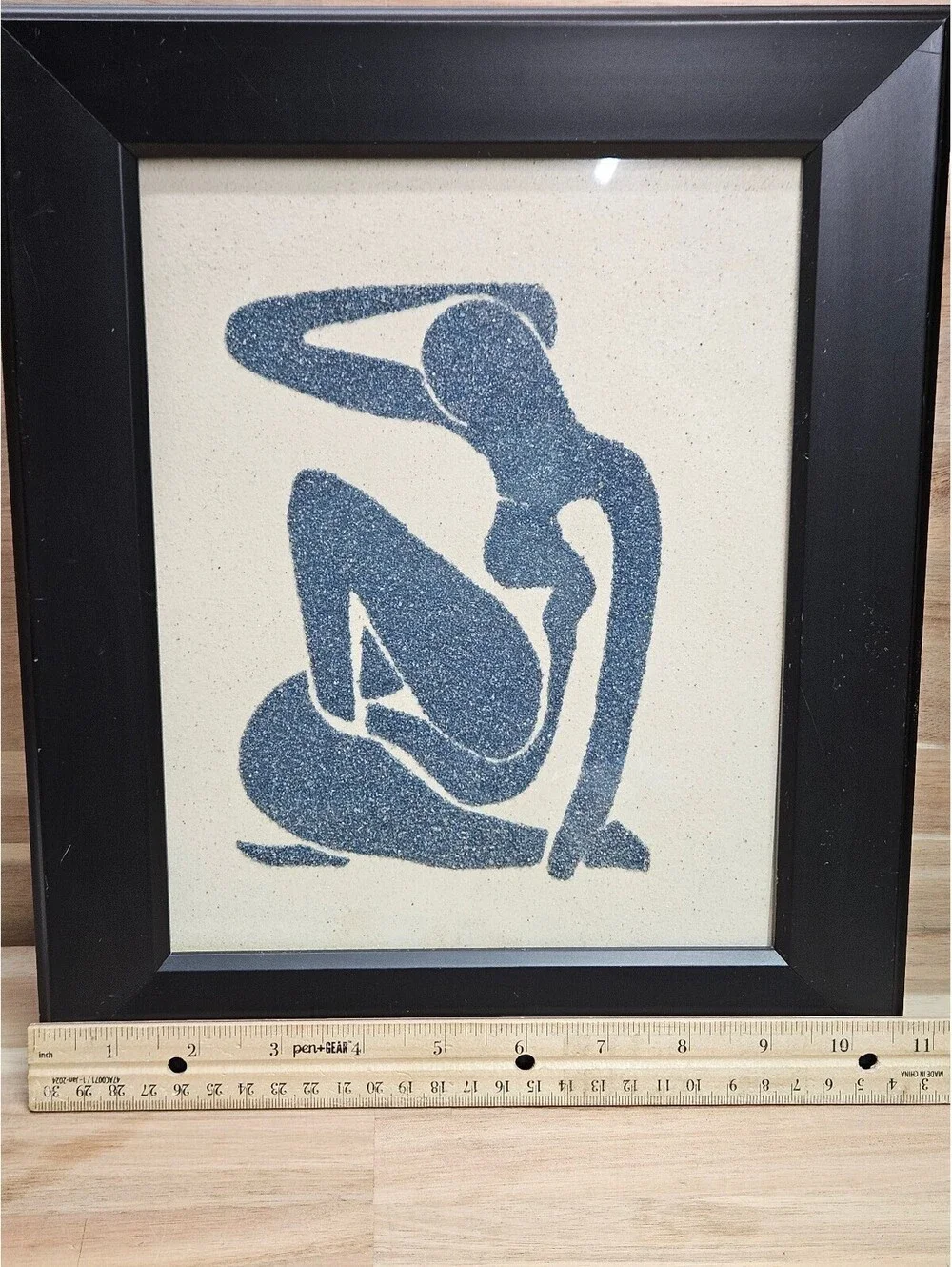 Vintage Framed Matisse Style Blue Seated Female Silhouette Textured Sand Art